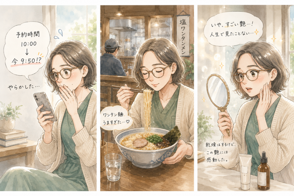 湘南美容クリニックで予約時間を間違え、塩ワンタン麺を食べて時間を潰し、マッサージピール後の艶に驚く女性の3コマ風イラスト