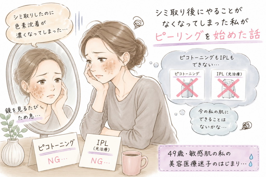 シミ取り後の色素沈着に悩み、ピコトーニングやIPLを中断した49歳女性が鏡を見ながら次の美容医療を考えているイラスト