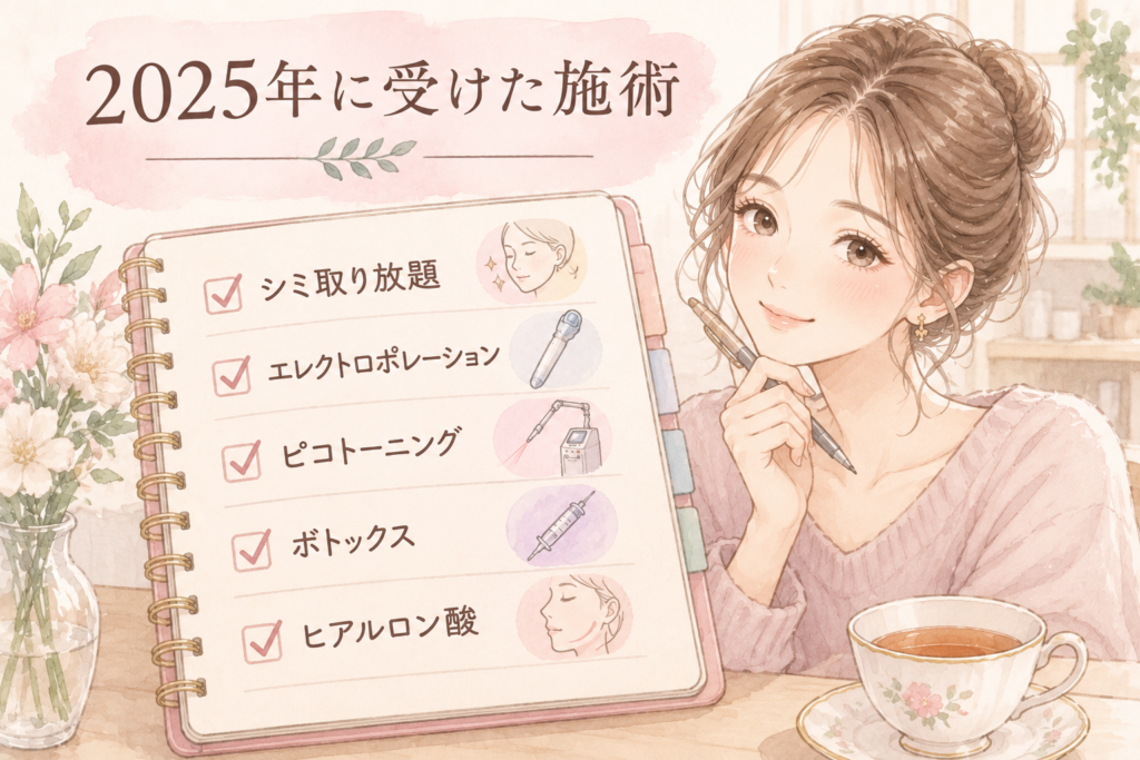 2025年に受けた美容医療の施術内容を一覧で振り返るイラスト