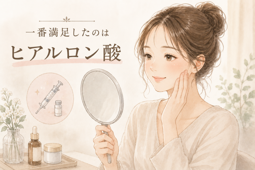 ヒアルロン酸注入でふっくらとした顔立ちになり満足している女性のイラスト