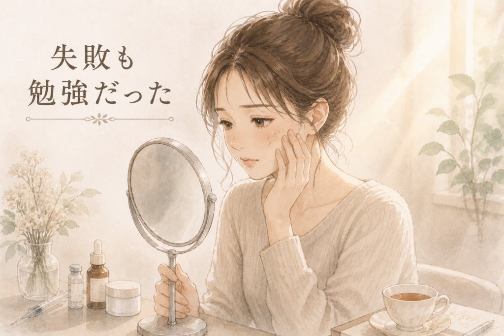 シミや肌トラブルを気にしながら美容医療の失敗や後悔を振り返る女性のイラスト