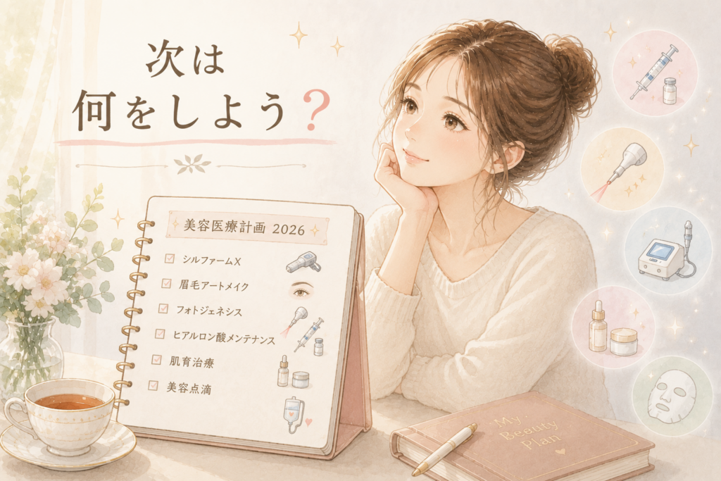 来年受けたい美容医療をノートに書きながら計画を立てる女性のイラスト