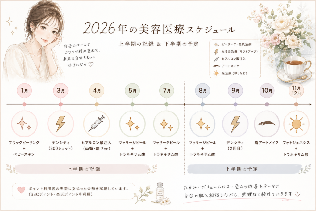 2026年の美容医療スケジュールをまとめたタイムライン。デンシティ、ヒアルロン酸、マッサージピール、眉アートメイク、フォトジェネシスの予定を月ごとに紹介。