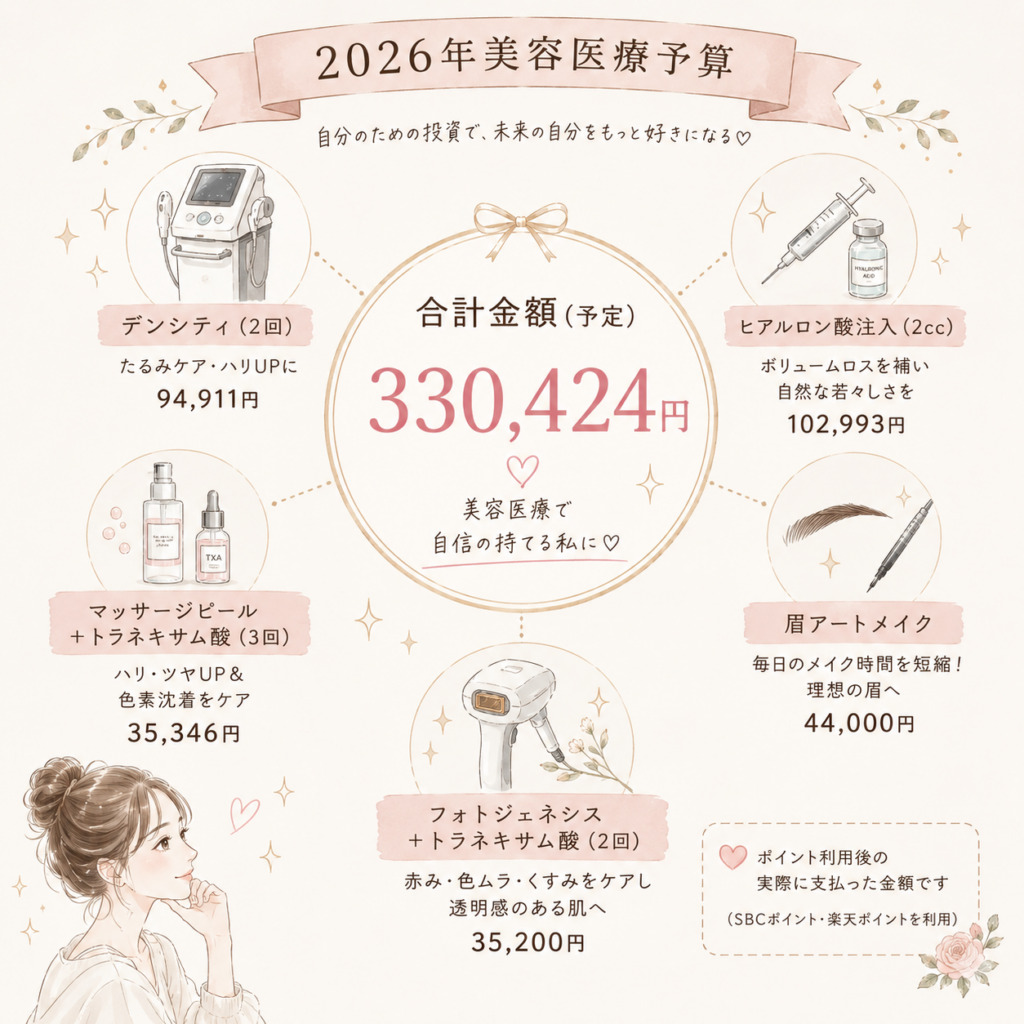 2026年の美容医療テーマ「たるみ・ボリュームロス・色ムラ改善」をイメージした女性の顔のイラスト。