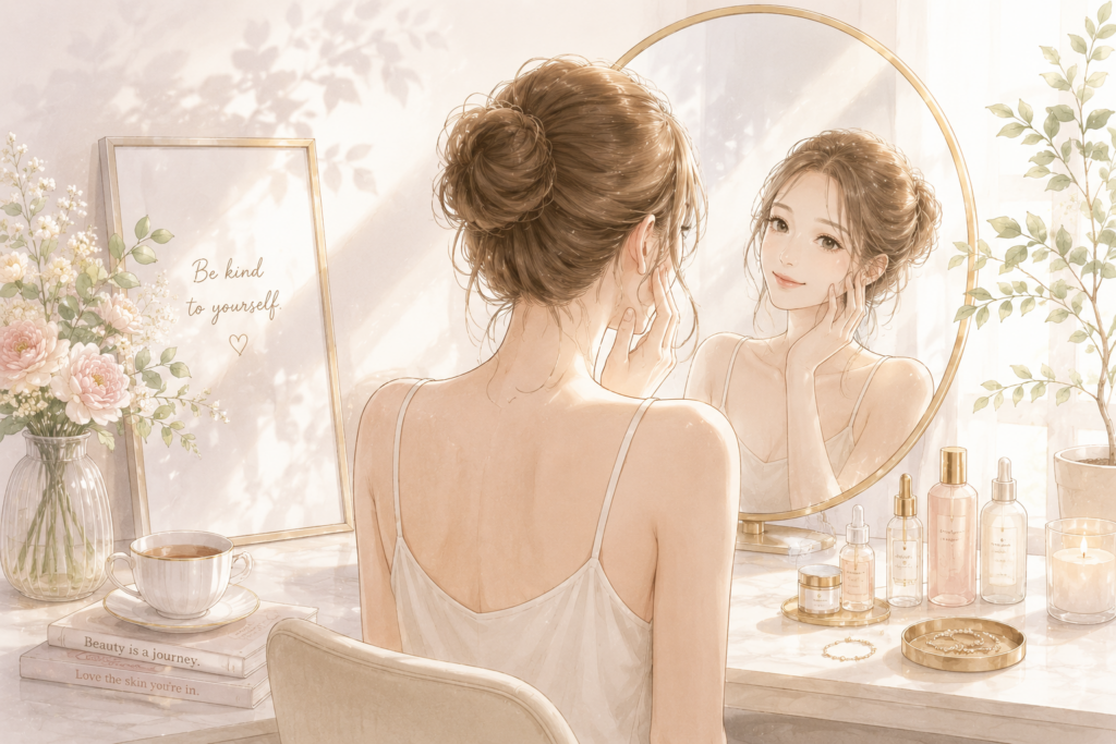 スキンケアをしながら鏡を見る女性のイラスト。美容医療と日々のケアを積み重ね、自分らしい美しさを目指すイメージ。