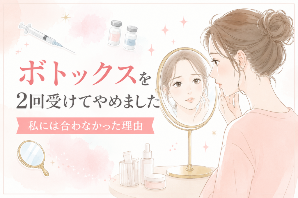 鏡を見ながら表情を確認する女性と美容医療のイメージ。ボトックスを2回受けてやめた体験談のアイキャッチイラスト。