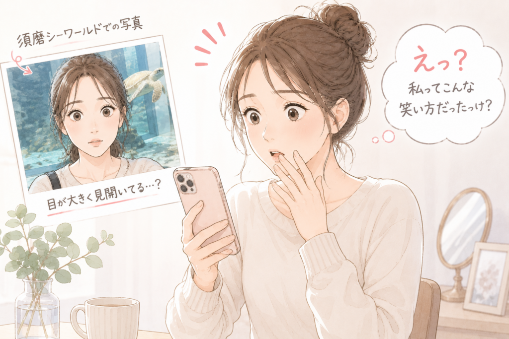 スマートフォンの写真を見て、自分の表情に違和感を覚える女性のイラスト。目を見開いたような表情に驚く様子を表現。