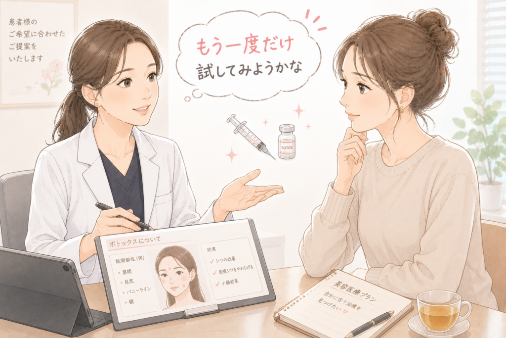 美容クリニックで医師と相談し、ボトックスをもう一度受けるか考えている女性のイラスト。