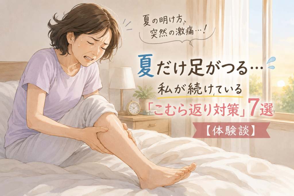 「夏の明け方、ベッドの上でふくらはぎのこむら返りの痛みに耐える女性」
