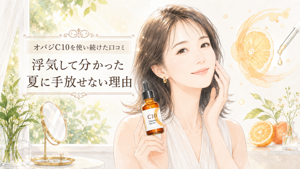 オバジC10を手に持つ女性とビタミンCをイメージした夏のスキンケアイラスト