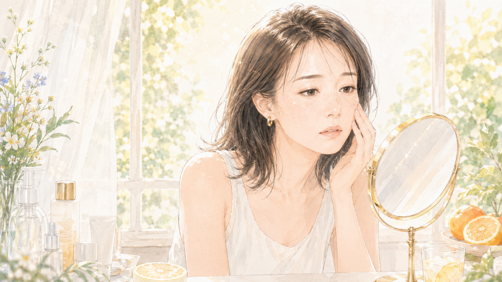 真夏に毛穴やくすみなど肌の疲れを感じて鏡を見る女性のイラスト