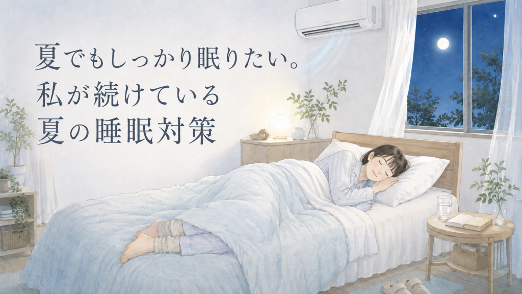 夏の夜の寝室で、エアコンをつけた部屋で女性が気持ちよさそうに眠っているイラスト