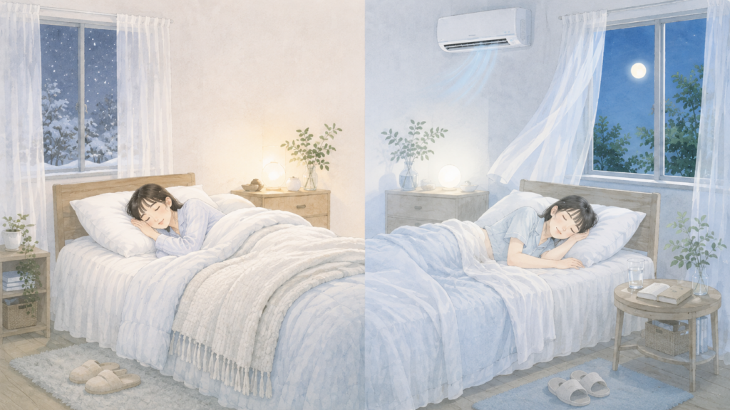 冬と夏の寝室を比較し、それぞれの季節で穏やかに眠る女性を描いたイラスト
