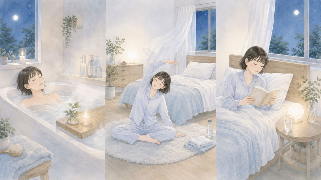 入浴、ストレッチ、読書の3つの寝る前習慣を描いたイラスト