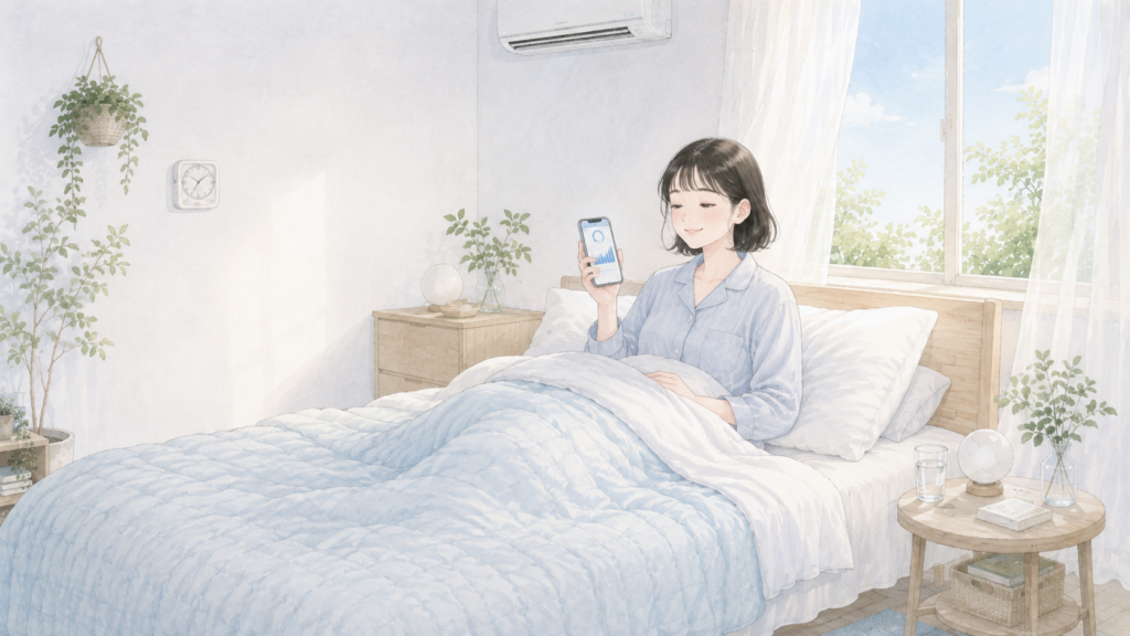 朝起きた女性が睡眠アプリを確認し、気持ちよく目覚めた様子を描いたイラスト